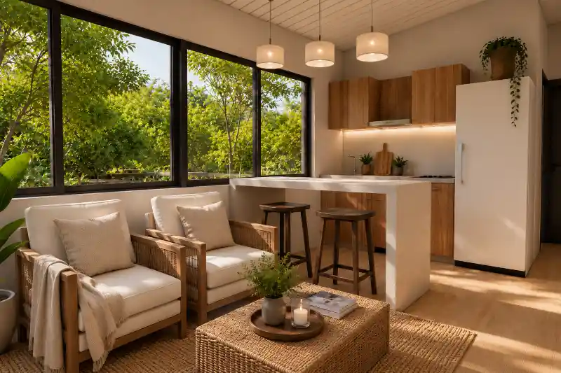Photorealistic interior rendering of a modern living space
