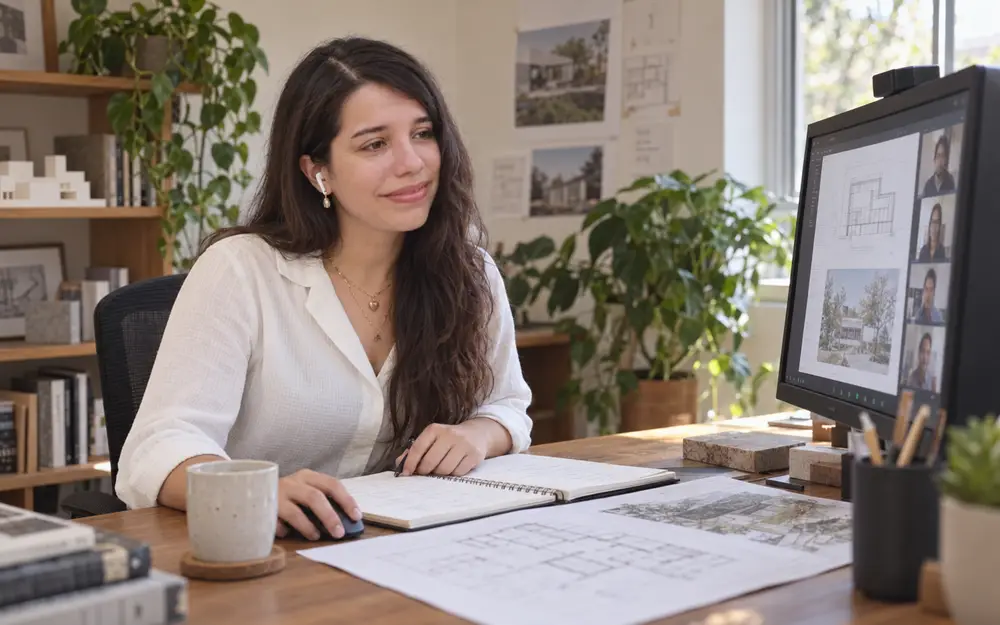 Arquitecta Celeste Navarro trabajando en dibujos arquitectónicos