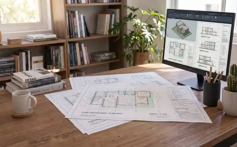 Espacio de trabajo de diseño con dibujos arquitectónicos y modelo BIM