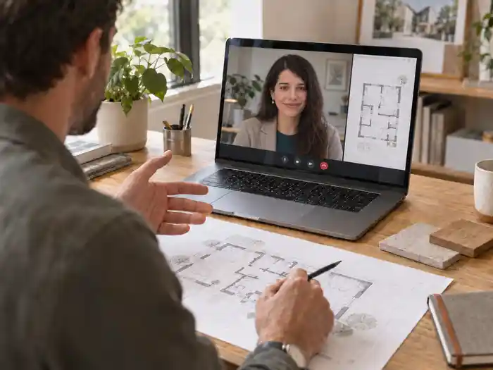 Arquitecta y cliente conversando sobre planos durante una reunión en línea
