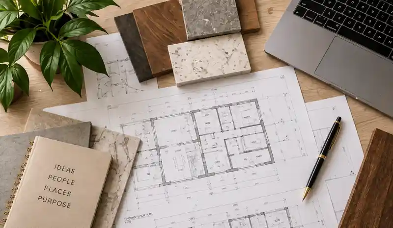 Planos arquitectónicos y notas del proyecto antes de una consulta