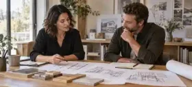Planos arquitectónicos y notas del proyecto antes de una consulta